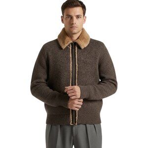 VTG Escada Sport Mens Fur Collar Cashmere Wool Cardigan Sz XL Brown Heritage